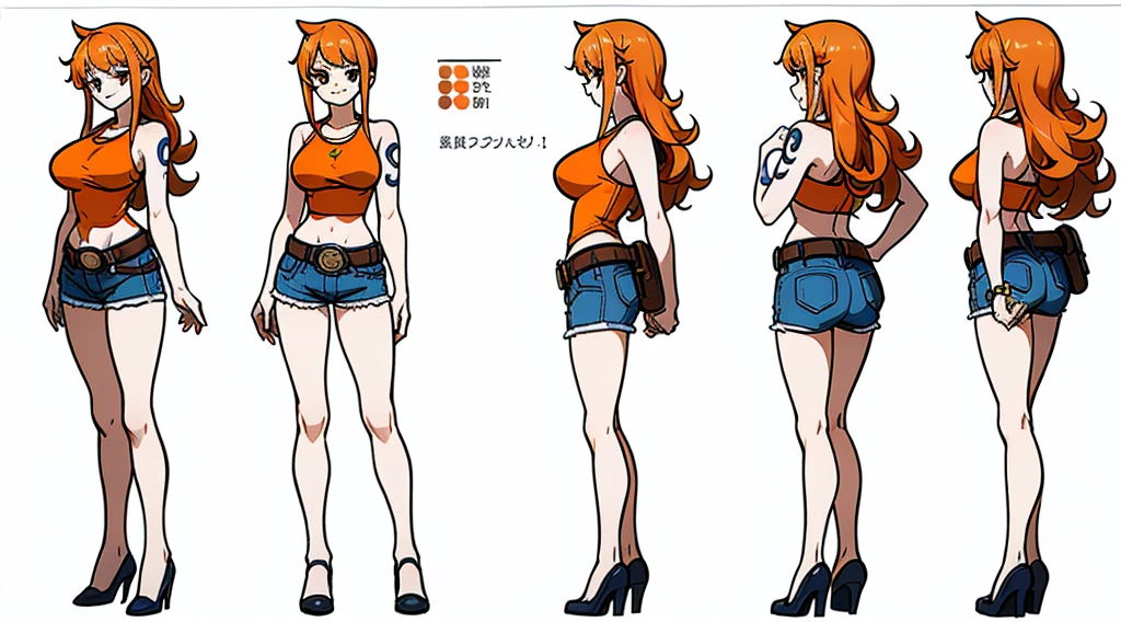 ((Best Quality)), ((Masterpiece)), (((detailed character sheet, frontal view, side view, three quarter view))) white background、one piece、US、whole body、whole bodyイラスト、whole bodyアニメーション、whole bodyリファレンスシート、denim、Tank top、High heels、Swimwear、比基尼、original、New World、Long Hair、Orange Hair、Tattoo on left arm、Ring belt、Heighten your head、smile、Cute face、Big Breasts、Narrow waist、Long legs、Beautiful feet、9 heads、slender、Slender、Slimming