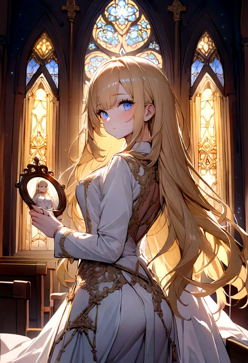 (Highest quality)(1 woman,single,long hair,golden hair,blue eyes,sexy figure ,White suit shirt,white skirt,Turn to look at the viewer,ยืนอยู่ในa church,Beautiful lighting.(a church, see mirror, Detailed background (little light pollution)) look back