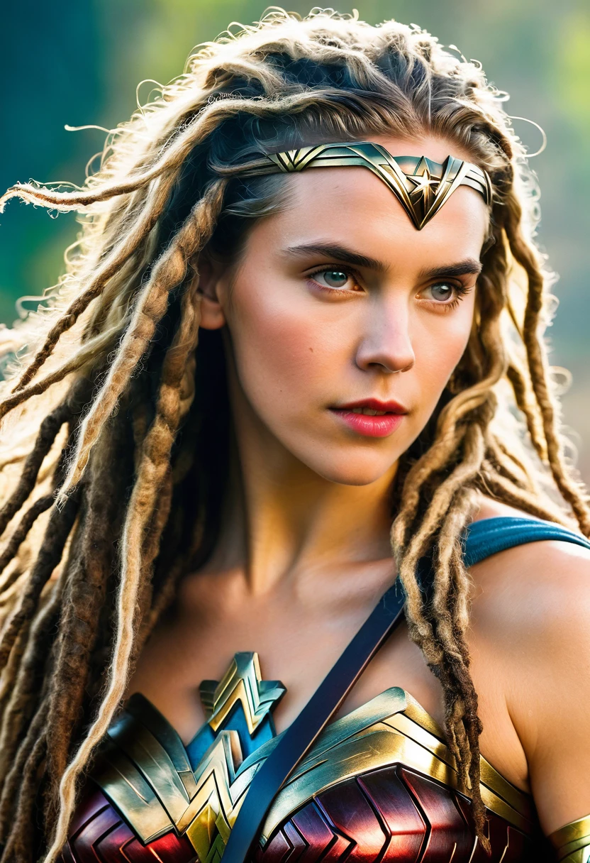 (((Extreme close-up Gaia Weiss under the mantle of the Amazon warrior Wonder Woman Diaema Wonder Woman (((dreadlocks))), Color Splash Images)))