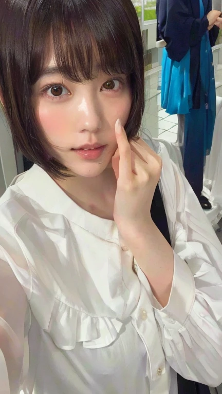 there is a woman with a short hair and a white shirt, Ulzzang, Girl cute beautiful face, Chiho, Hime cut, With a cute - lovely - face, Beautiful Japanese girl face, shikamimi, Short hair, Young and pretty Asian face, shinsui ito, 白Hime cutヘアスタイル, A clear and pretty face