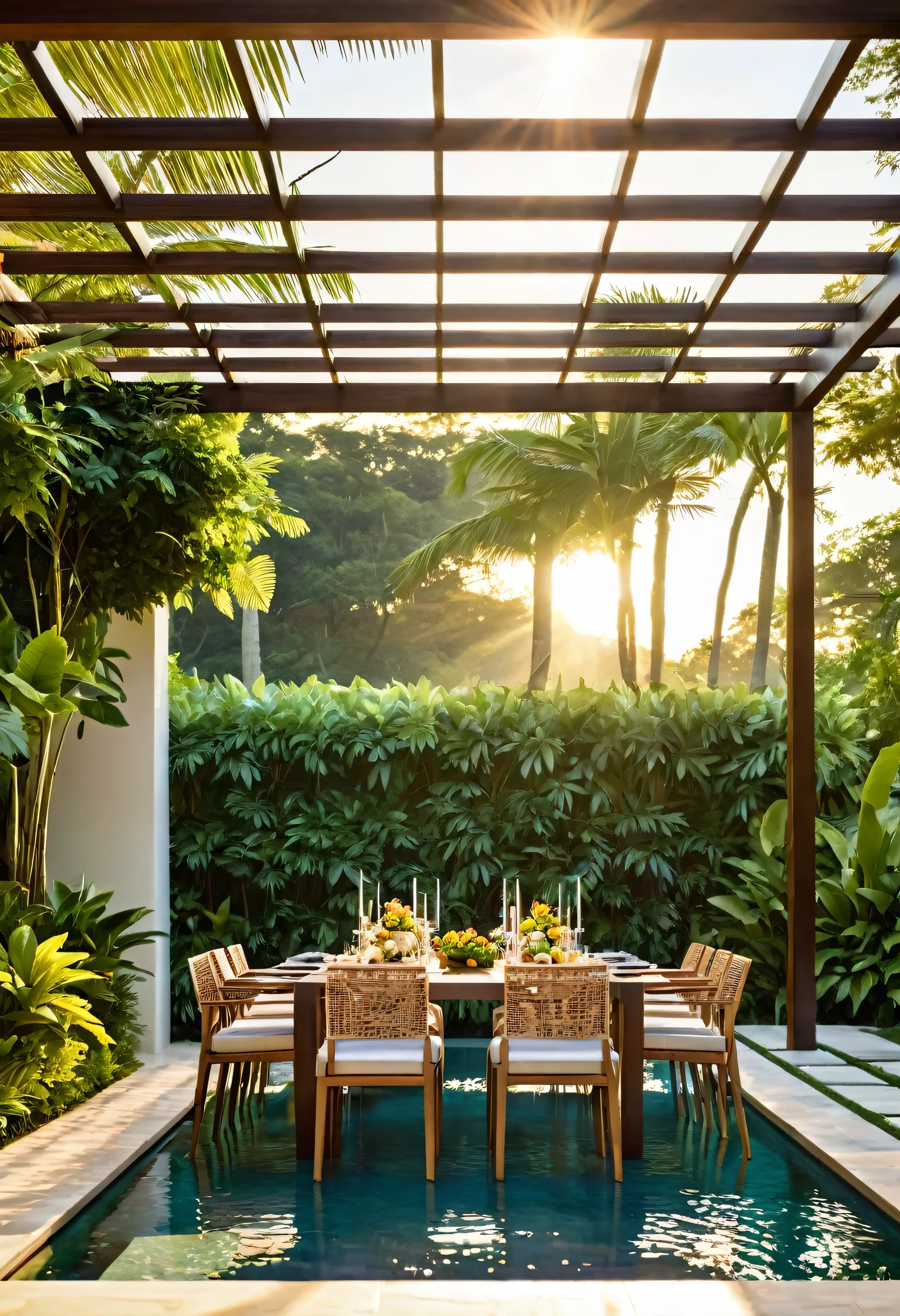 A luxurious outdoor dining area, bathed in the warm glow of the setting sun, exudes a sense of tropical elegance. The sleek, modern furniture, accented with natural woven elements, blends seamlessly with the surrounding lush greenery and the sparkling infinity pool. The slatted pergola overhead provides a welcome shade from the sun, creating a perfect space for al fresco dining.