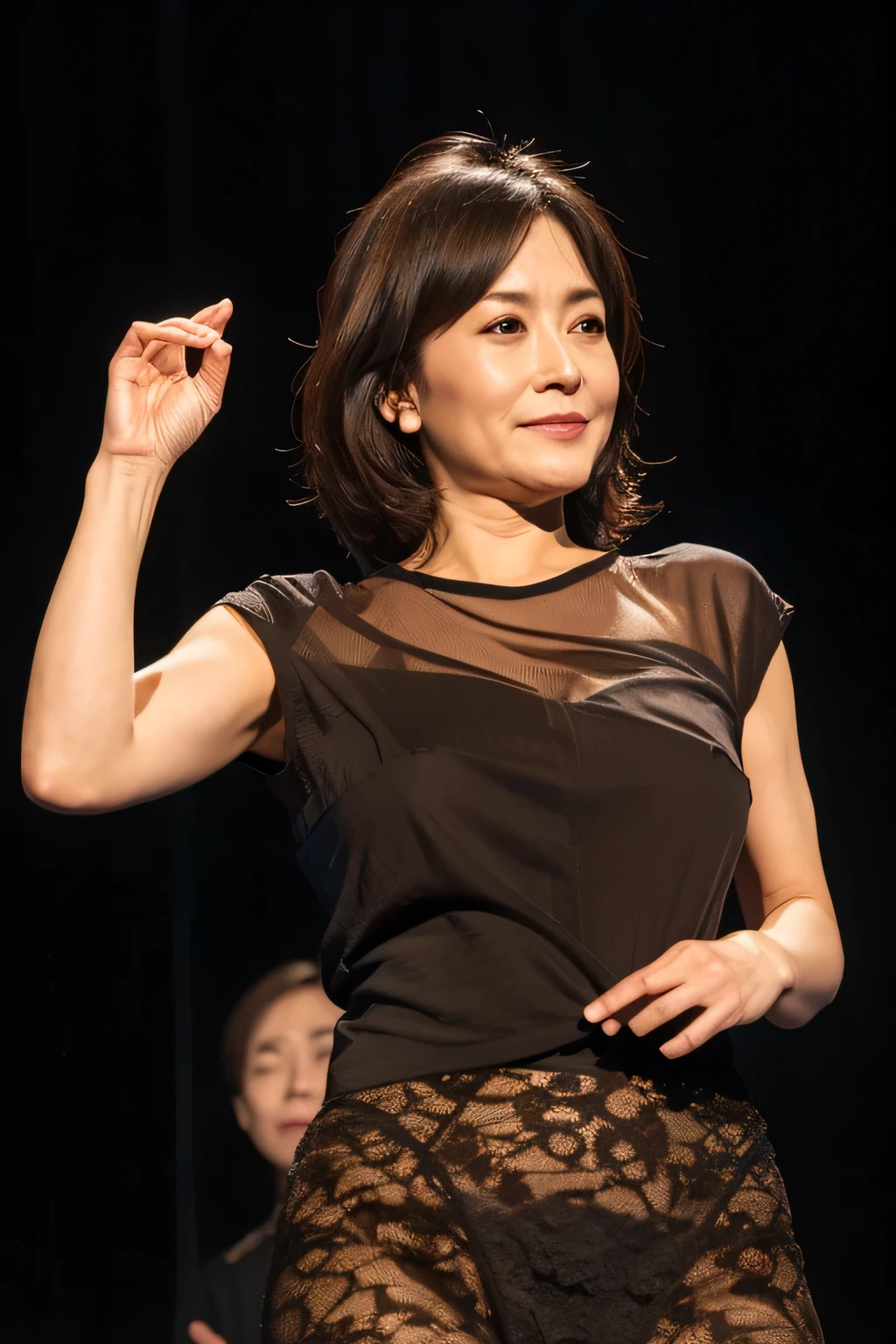 older sister.40 years old、 pop out、（（Plain black background）Japanese、woman、（Glamour：1.2）、Light brown hair、no good，Surrealism、clair obscur、A little transparent、retina、Anatomically correct、Textured skin、Textured skin、Super detailed：Super detailedhigh quality、Attention to detail、Highest quality（（（Tabletop、Highest quality、High resolution、Attention to detail））））。Professional、High level of detail、Japanese、Full body photo（Attractive 45 year old woman：1.3）（Fascinating：1.1）（Large Breastss 1.2（Po3、See-through shirt、（ck leather mini skirt）、（mini skirt））、no good