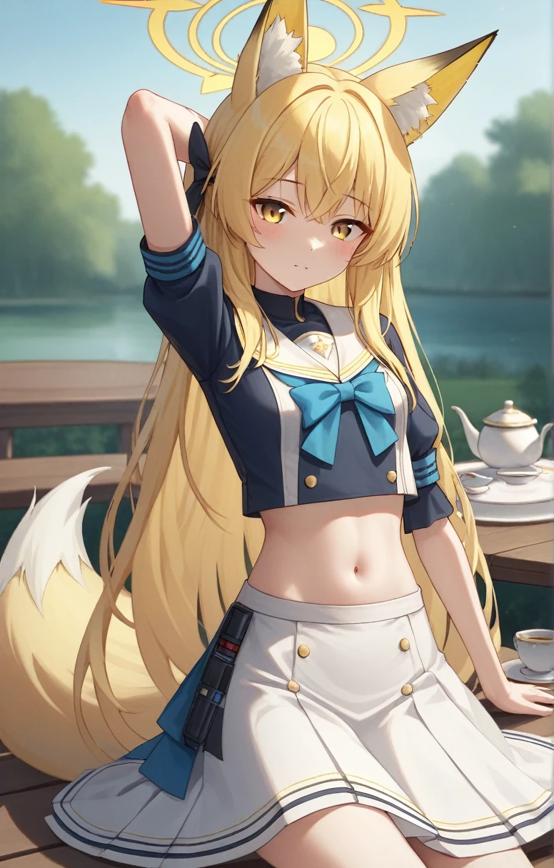 score_9,score_8_up,score_7_up,best quality,masterpiece,4k,prefect lighting,very aesthetic,anime,
BREAK
Seia/Blue archive,trinity uniform,tea party, whie skirt,big skirt ,yellow hair, yellow eye,fox ear,two arm above head,no sleeve, navel showing, midriff, stomach,1 girl,white background,