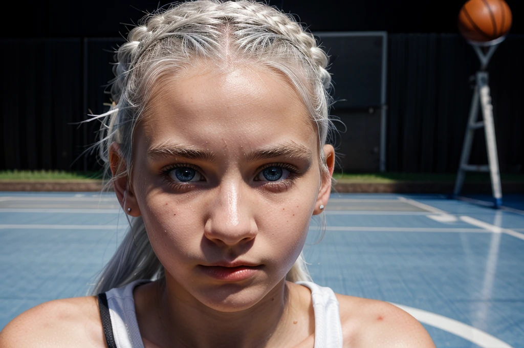 14 year old girl with white hair up, light blue eyes, White skin , small upturned nose and very beautiful basketball player full body 