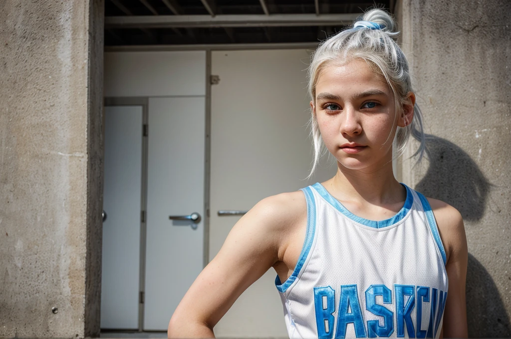 14 year old girl with white hair up, light blue eyes, White skin , small upturned nose and very beautiful basketball player full body