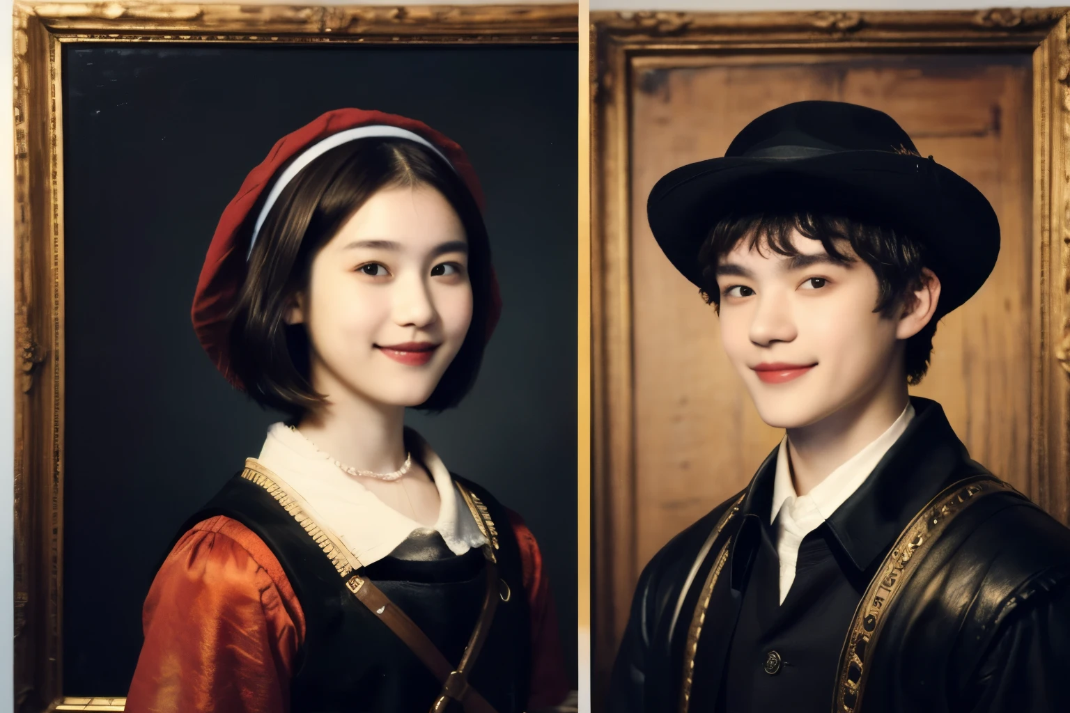 252 (An 18-year-old female and an 18-year-old male), (short hair),kind, lipstick, (Rembrandt-style painting), smile