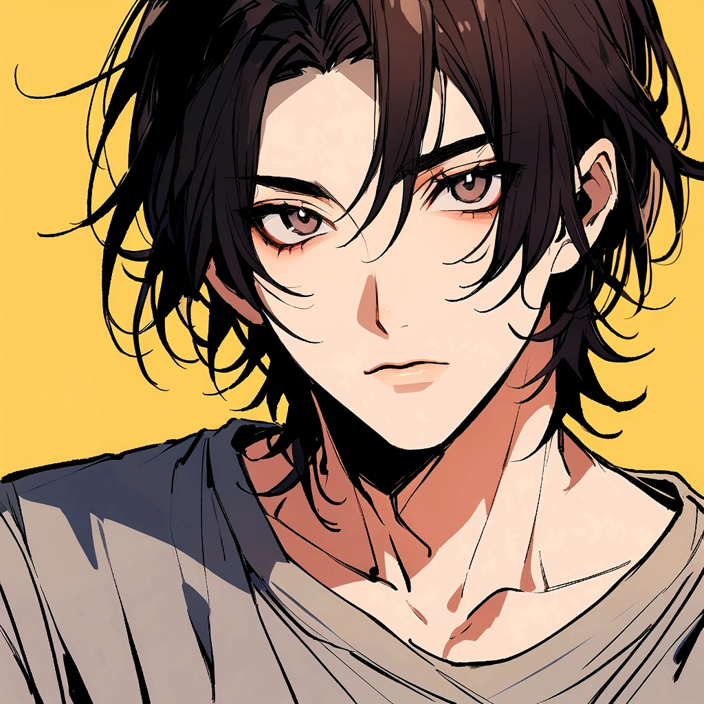 Man in his 30s、Berry Shortcut、Black Hair、Yellow background、Portrait、Looking at me、T-Shirts、