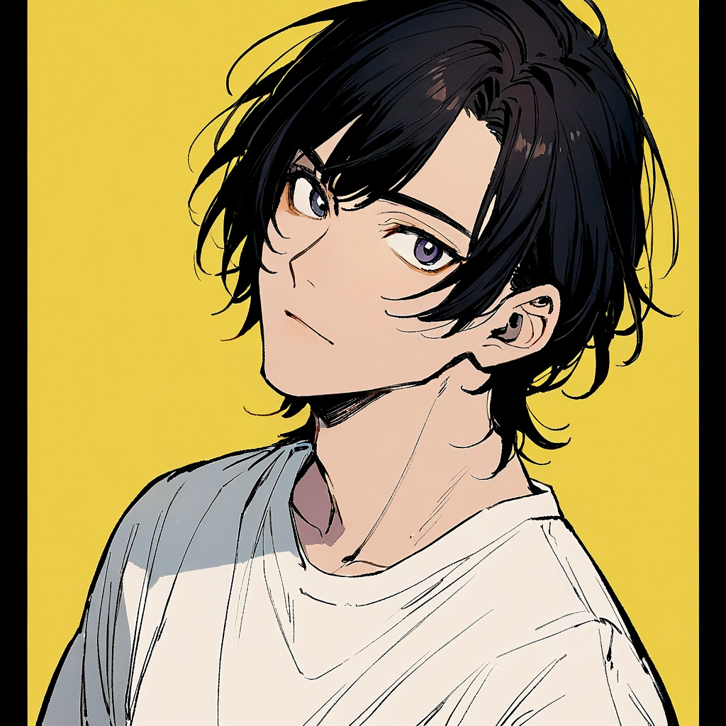 Man in his 30s、Berry Shortcut、Black Hair、Yellow background、Portrait、Looking at me、T-Shirts、