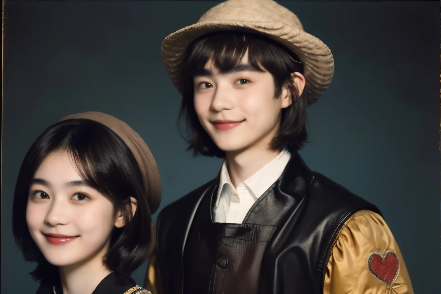252 (An 18-year-old female and an 18-year-old male), (short hair),kind, lipstick, (Rembrandt-style painting), smile