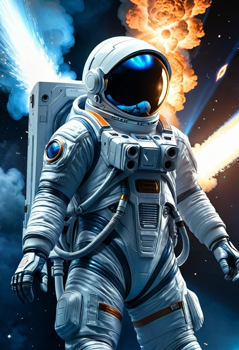 Perfect Anatomy Close-up of a man in a spacesuit standing in front of a spaceship holding a gun (Combat dynamic poses) Spaceship edge explosion fire battle sci-fi smoke rotating blue light surround movie scene surreal intricate sci-fi digital art illustration edge blue light light and shadow effect best quality detailed portrayal sci-fi digital art illustration extremely delicate art work ultra-precision art,Stunning digital art