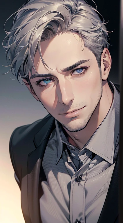 (best quality,4k,8k,highres,masterpiece:1.2),ultra-detailed,(realistic,photorealistic,photo-realistic:1.37),1 man,31 years old,mature man,very handsome,without expression,smile,short grey hair,blue eyes,penetrating gaze,perfect face without errors,imposing posture,businessman,office background,cinematic lighting,hdr image