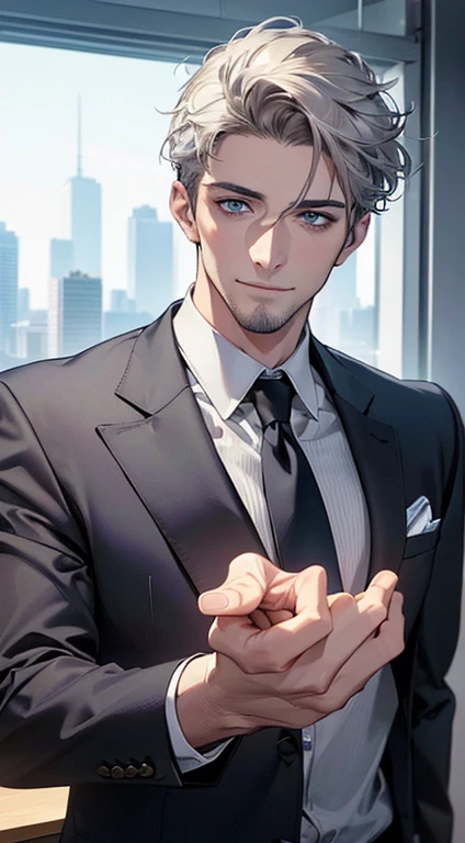 (best quality,4k,8k,highres,masterpiece:1.2),ultra-detailed,(realistic,photorealistic,photo-realistic:1.37),1 man,31 years old, man,very handsome,without expression,smile,short grey hair,blue eyes,penetrating gaze,perfect face without errors,imposing posture,businessman,office background,cinematic lighting,hdr image