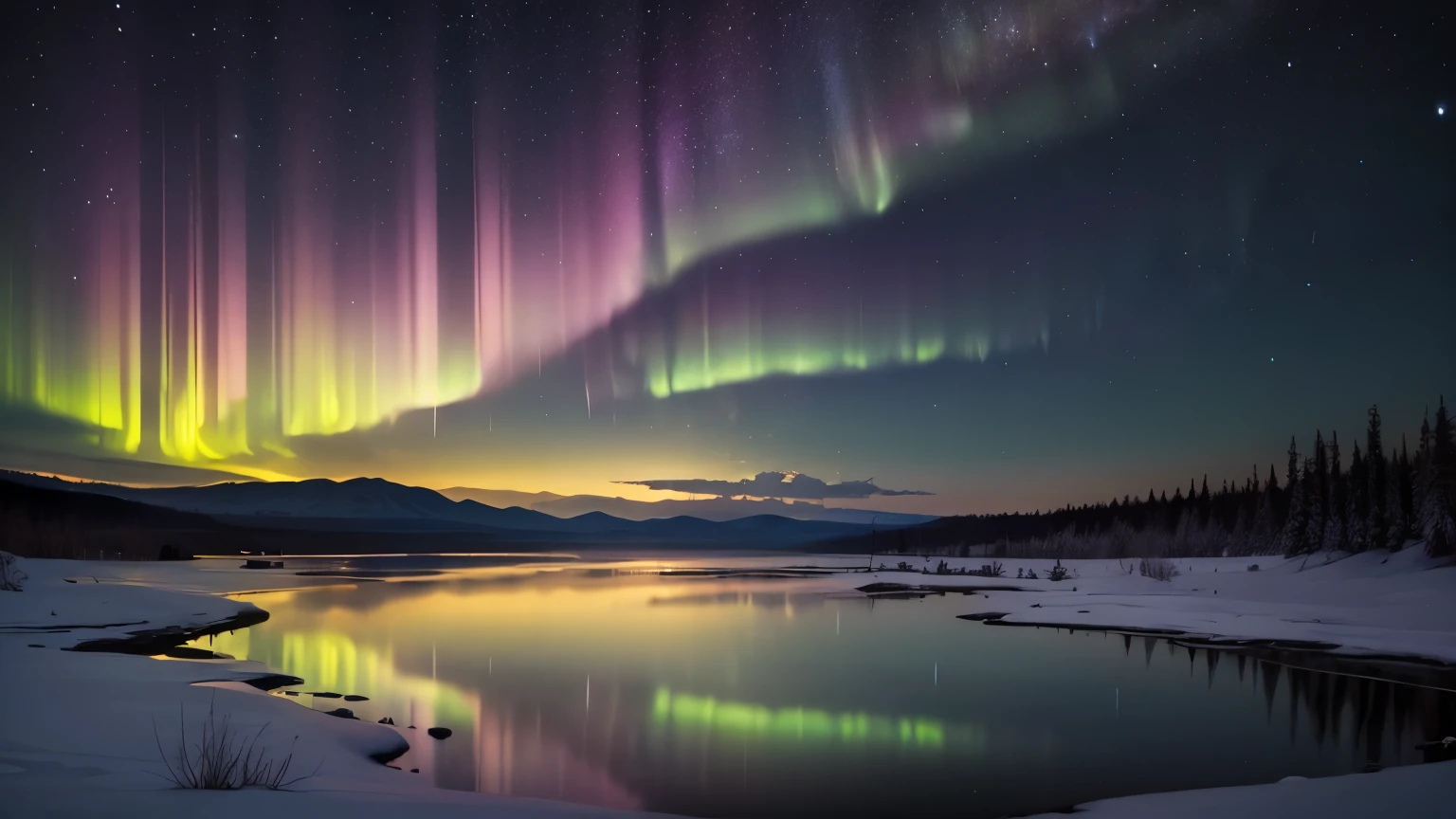A breathtaking night sky lit up by the colorful aurora。Aurora color is green、purple、Flying in the sky in shades of blue、It casts a magical glow on the landscape.。The stars shine brightly in the clear, dark night sky。Below, a quiet snowy landscape spreads out.、Reflecting the colors of the aurora。The whole scene is quiet and solemn.、It exudes an otherworldly atmosphere。