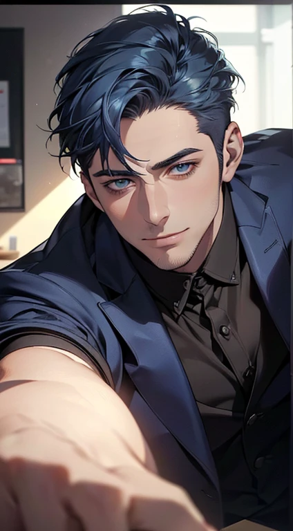 (best quality,4k,8k,highres,masterpiece:1.2),ultra-detailed,(realistic,photorealistic,photo-realistic:1.37),1 man,31 years old,mature man,very handsome,without expression,smile,short blue hair,blue eyes,penetrating gaze,perfect face without errors,imposing posture,businessman,office background,cinematic lighting,hdr image