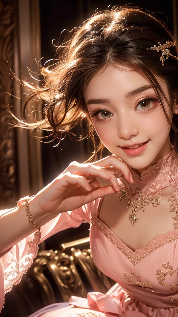 8K, UHD, MAsterpiece, best quality, 1 girl, (realistic face), very long hair, small breasts, decorated dress, very beautiful ornaments dress, pink color, lace, mesh dress, sardine, loops, ipllers, depth of field, light from the front, Light shines into the face, knee short, Face (Excitement, Surprise, Awe)