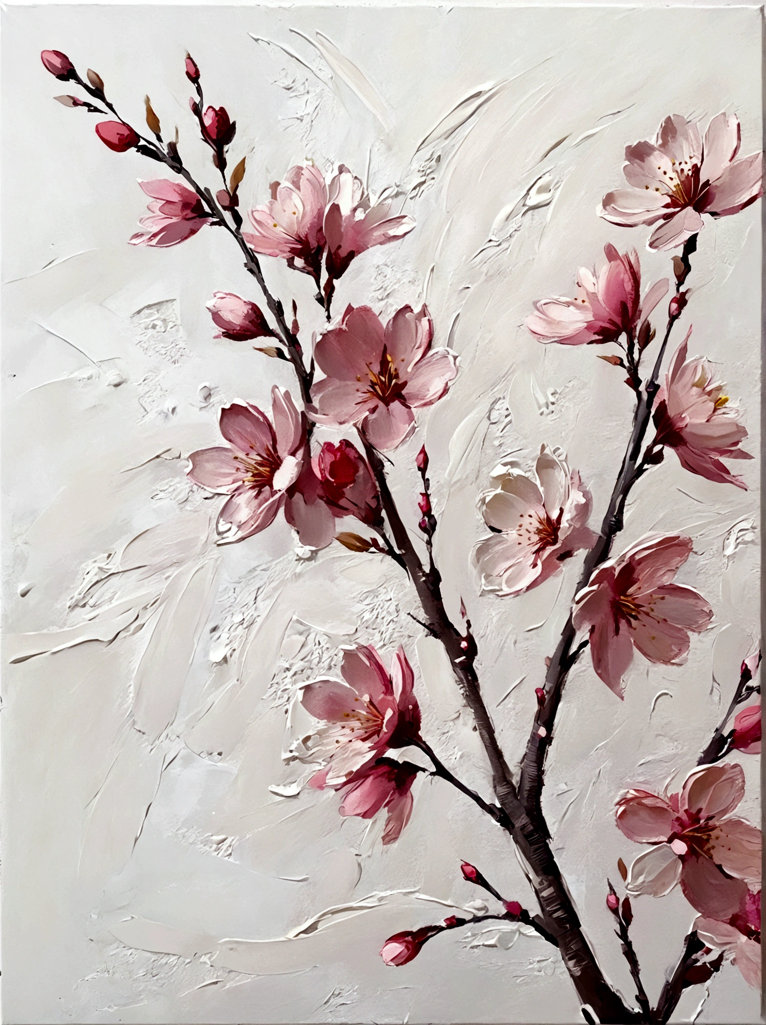 Cherry blossoms，color，Perfect proportion，vanilla，bright，White background，real，emotion，Thick textured paint, 