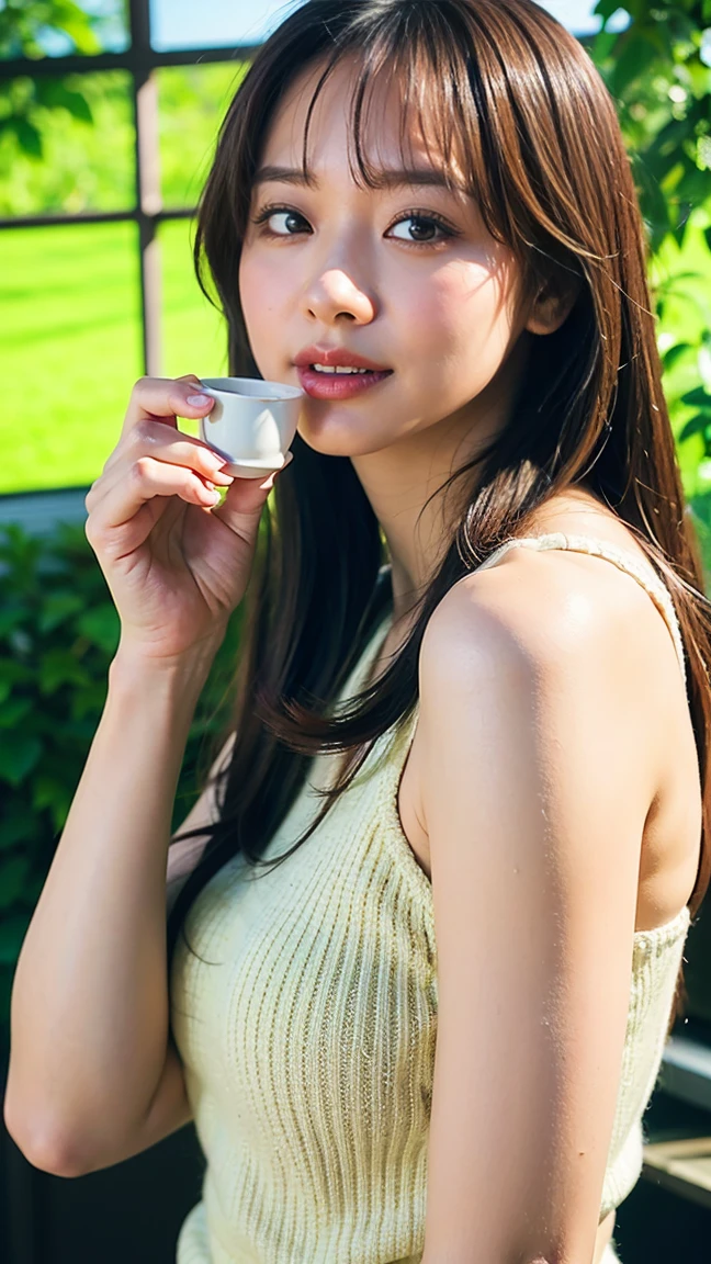 Highest quality,4K,8K,High resolution,Tabletop:1.2),Super detailed,(Realistic,Photorealisticです,Photorealistic:1.37),Beautiful and delicate blue eyes,long black hair in a high bun,detailed red veil,Sharp focus,Professional,Vibrant colors Beautiful woman close-up portrait, like, smile, bright black hair, Perfect dynamic composition,  On campus,holding a starbucks coffee in hand、White knitted clothing、Black Stockings