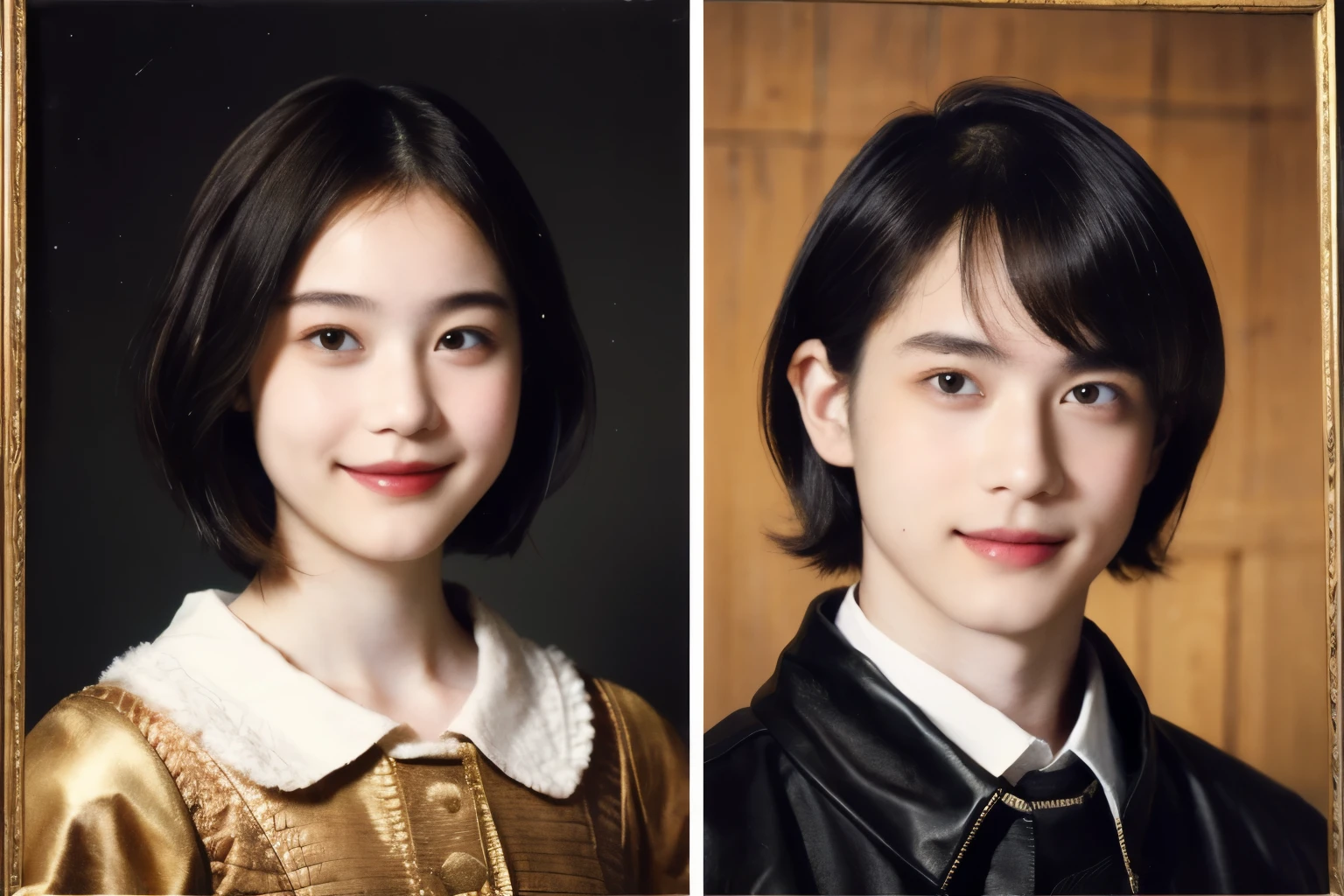 252 (An 18-year-old female and an 18-year-old male), (short hair),kind, lipstick, (Rembrandt-style painting), smile
