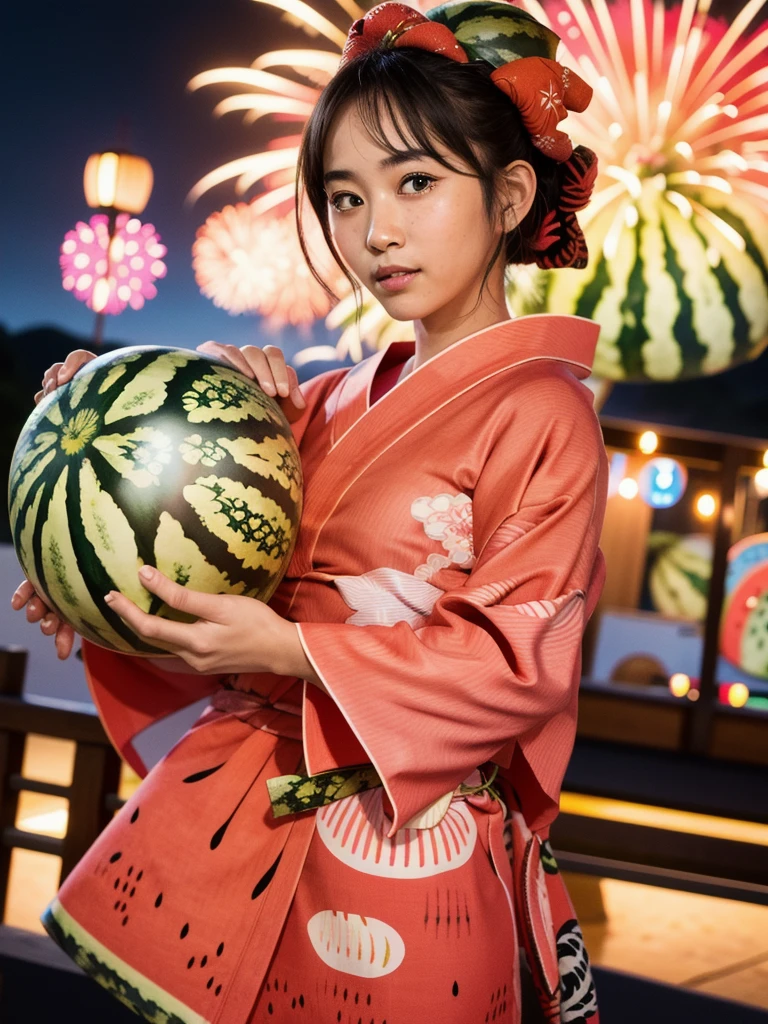 (fireworks), 1girl,(matsuri) (((Watermelon patterned yukata))), , (absurdres, highres, masterpiece), (night), vibrant colors, fluid colors, fine detailed beautiful face, ultra detailed, cowboy shot