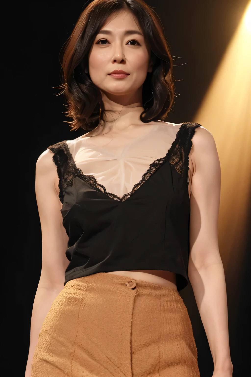 older sister.40 years old、Nipples pop out、（（Plain black background）Japanese、woman、（Glamour：1.2）、Light brown hair、no good，Surrealism、clair obscur、A little transparent、retina、Anatomically correct、Textured skin、Textured skin、Super detailed：Super detailedhigh quality、Attention to detail、Highest quality（（（Tabletop、Highest quality、High resolution、Attention to detail））））。Professional、High level of detail、Japanese、Full body photo（Attractive 45 year old woman：1.3）（Fascinating：1.1）（Large Breasts）Nipples 1.2（Pokies）1.3、See-through shirt、（Black leather mini skirt）、（mini skirt））、no good