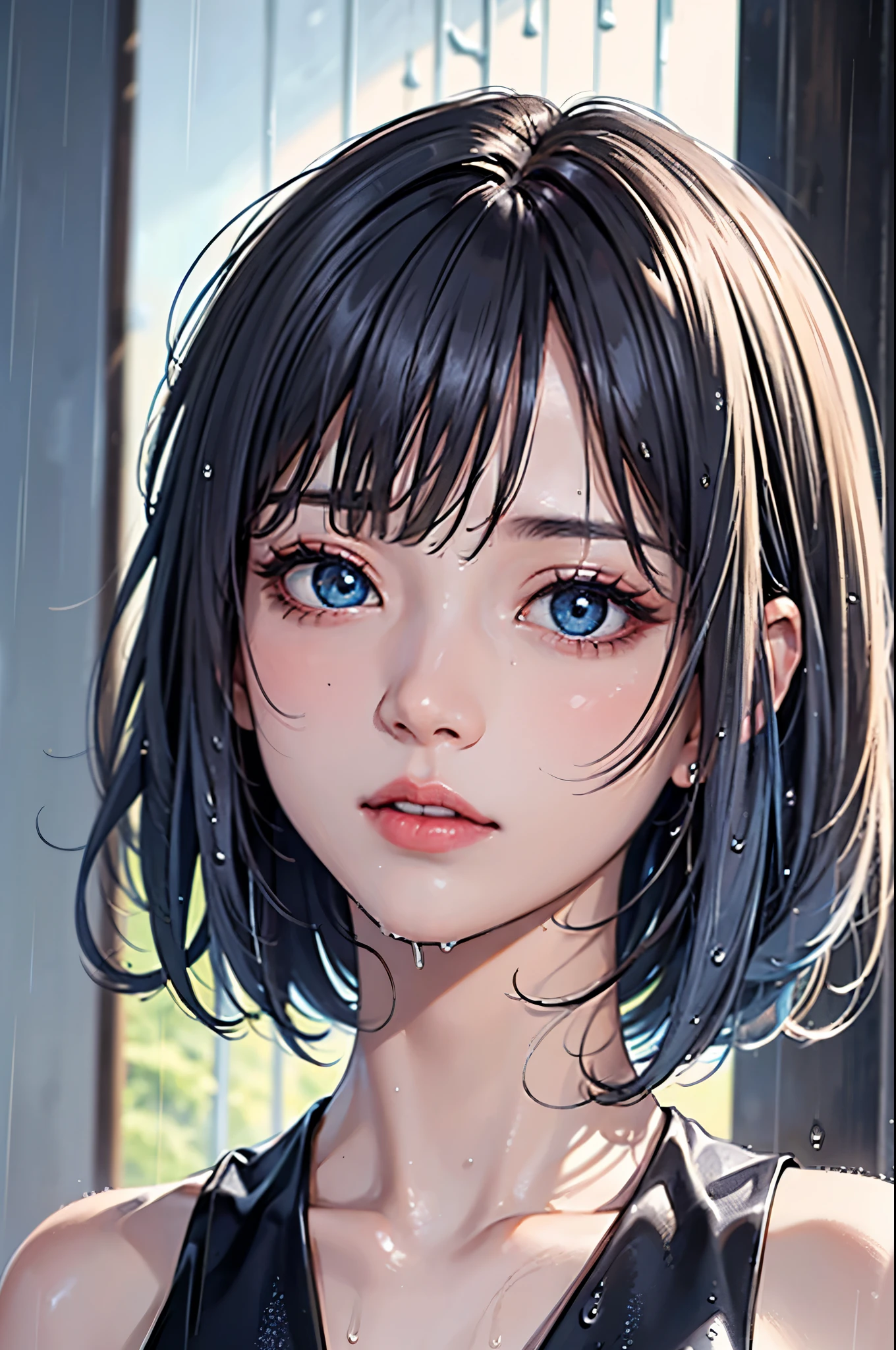 (best quality, masterpiece :1.3), pretty Woman, 1 girl, (Large Breasts, Beautiful clavicle, Attractive figure :1.2), short hair, Wavy ends, silver hair gradient blue hair, messy hair, single sidelock, (wet from rain, get wet by rain, wet :1.2), Sky blue gradient emerald eyes, pupils reflect surroundings, super detailed face, delicate lips, exquisite eyes, double eyelids, long upper eyelashes, upturned eyes, pupils sparkling, 16k, high details