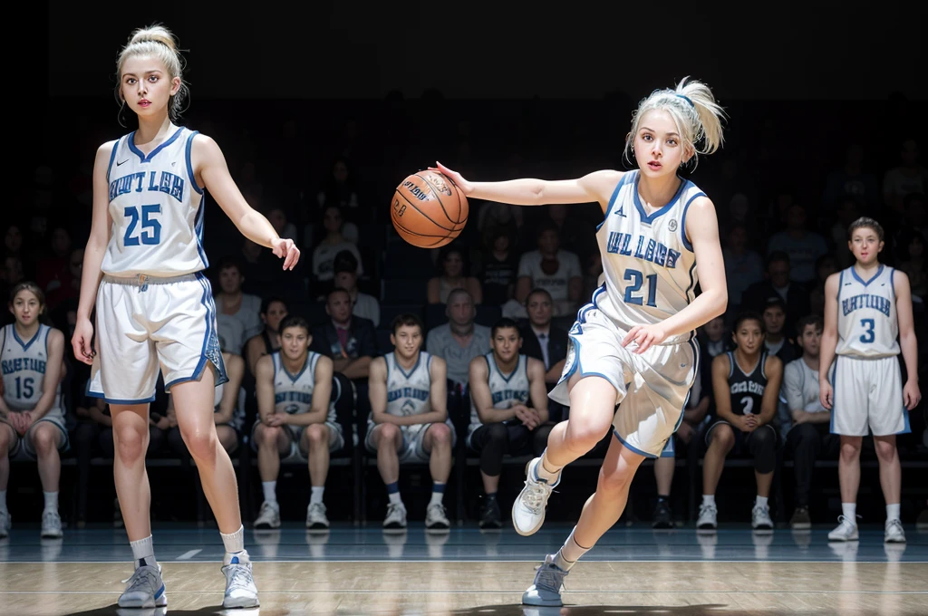14 year old girl with white hair up, light blue eyes, White skin , small upturned nose and very beautiful basketball player full body 