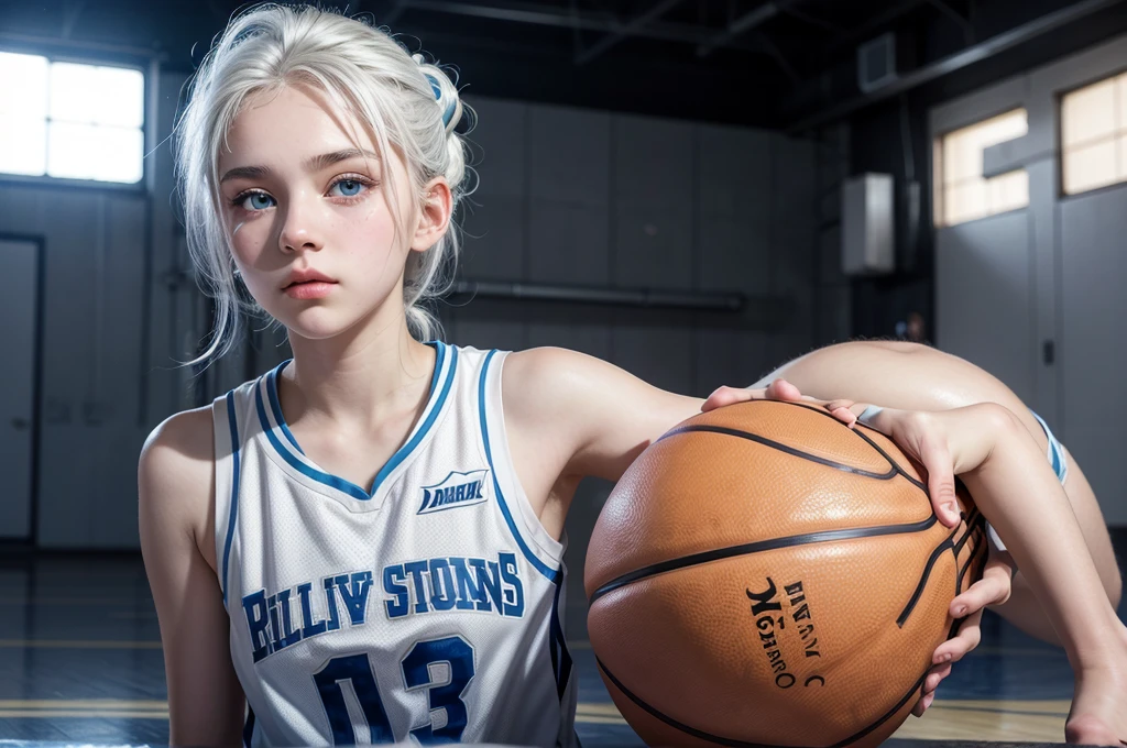 14 year old girl with white hair up, light blue eyes, White skin , small upturned nose and very beautiful basketball player full body