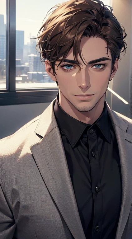 (best quality,4k,8k,highres,masterpiece:1.2),ultra-detailed,(realistic,photorealistic,photo-realistic:1.37),1 man,31 years old,mature man,very handsome,without expression,smile,short grey brown hair,blue eyes,penetrating gaze,perfect face without errors,imposing posture,businessman,office background,cinematic lighting,hdr image