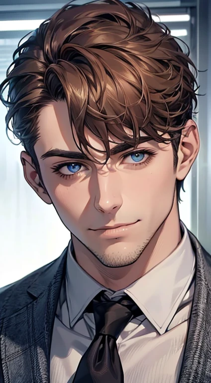 (best quality,4k,8k,highres,masterpiece:1.2),ultra-detailed,(realistic,photorealistic,photo-realistic:1.37),1 man,31 years old,mature man,very handsome,without expression,smile,short grey brown hair,blue eyes,penetrating gaze,perfect face without errors,imposing posture,businessman,office background,cinematic lighting,hdr image