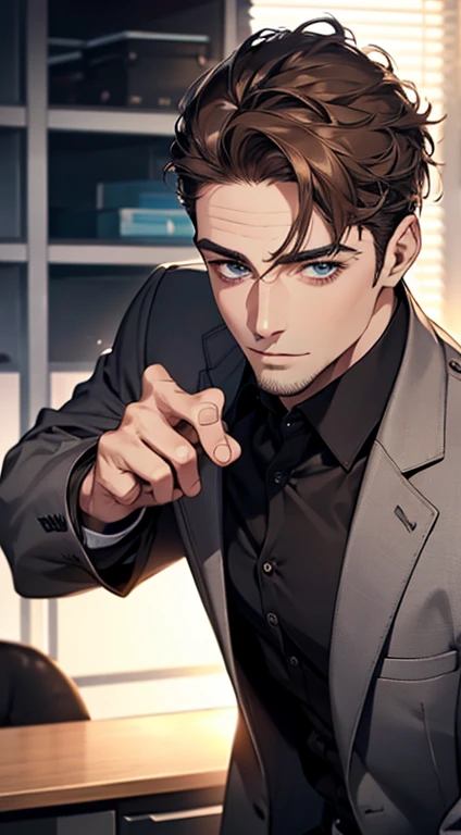 (best quality,4k,8k,highres,masterpiece:1.2),ultra-detailed,(realistic,photorealistic,photo-realistic:1.37),1 man,31 years old,mature man,very handsome,without expression,smile,short grey brown hair,blue eyes,penetrating gaze,perfect face without errors,imposing posture,businessman,office background,cinematic lighting,hdr image