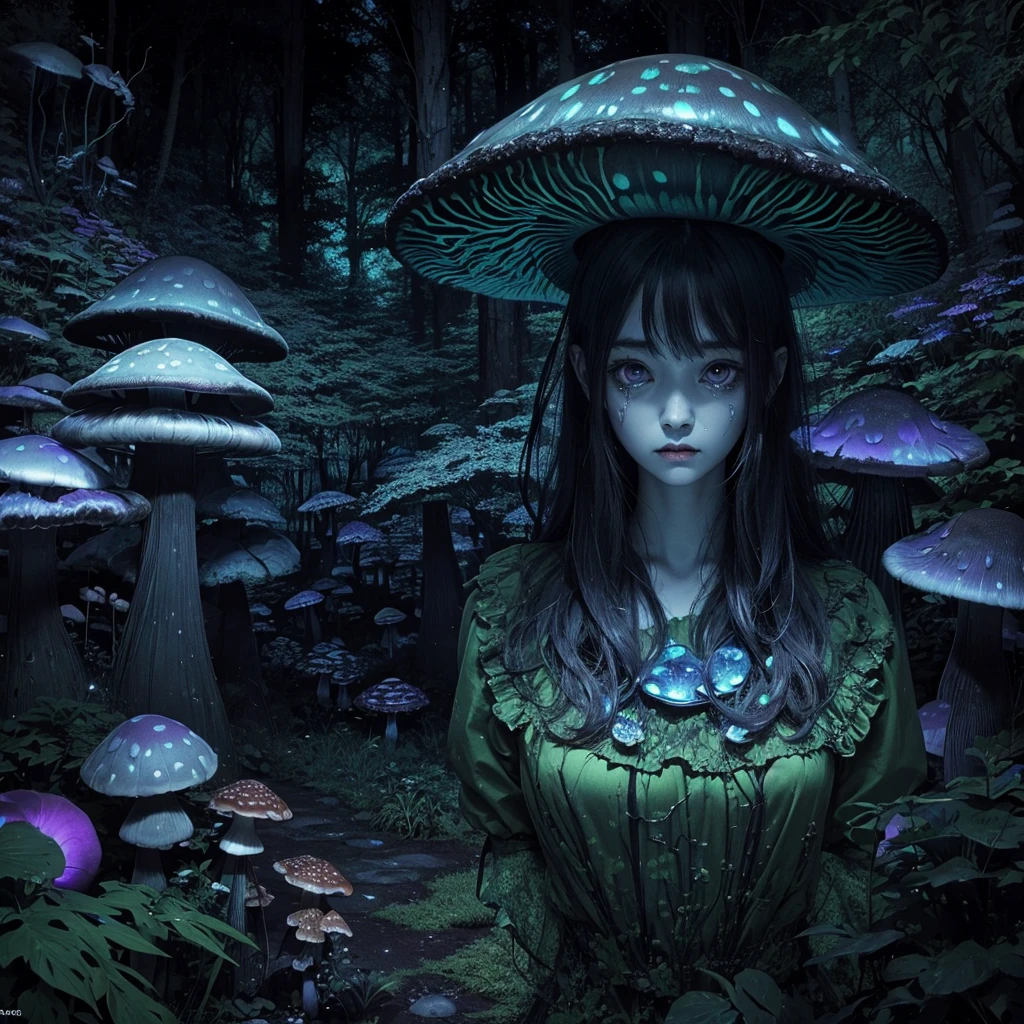 [by Junji Ito], dark horrorscape, [detailed shadows], [veins], (bioluminescent mushroom forest), 1girl, gigantic cosmic eyes, streaming tears, spiraling fungus, HDR