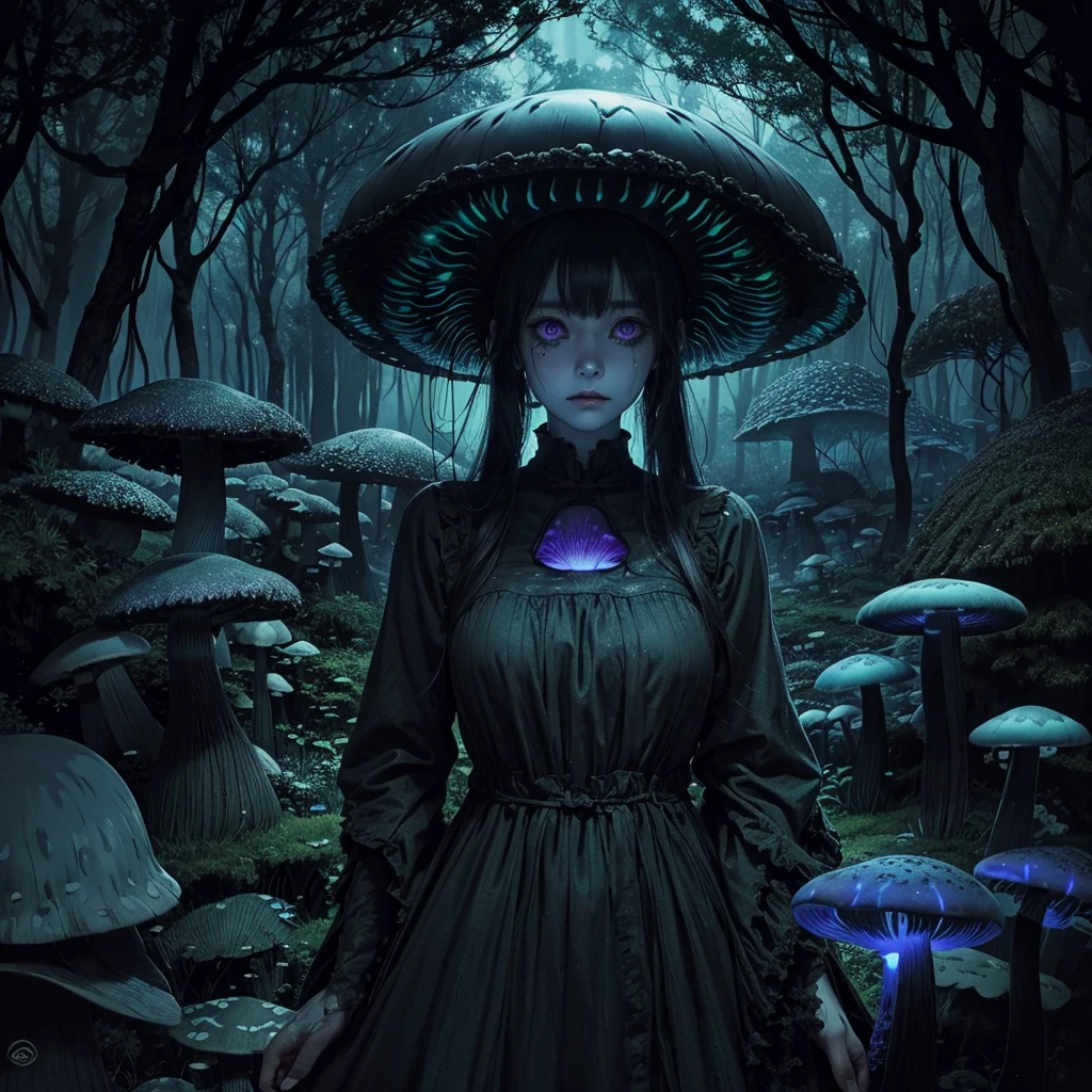 [by Junji Ito], dark horrorscape, [detailed shadows], [veins], (bioluminescent mushroom forest), 1girl, gigantic cosmic eyes, streaming tears, spiraling fungus, HDR