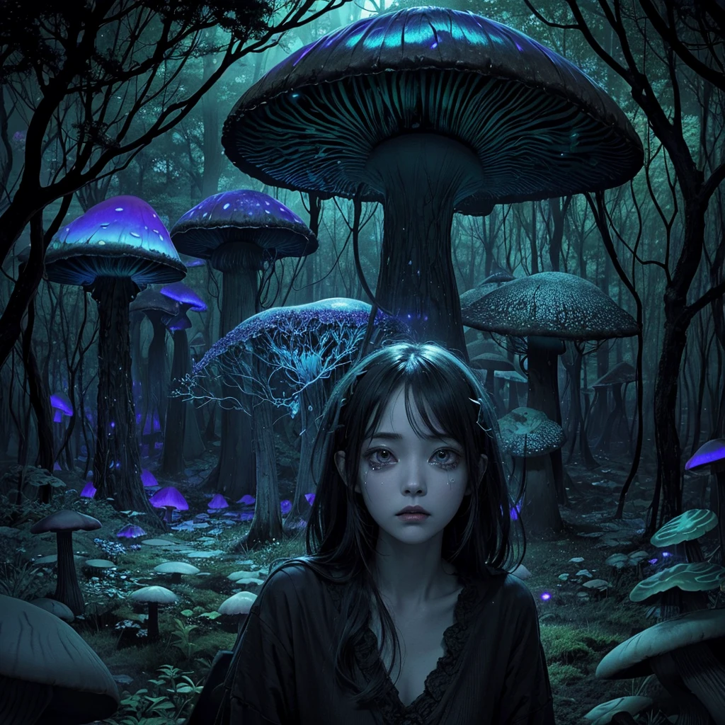 [by Junji Ito], dark horrorscape, [detailed shadows], [veins], (bioluminescent mushroom forest), 1girl, gigantic cosmic eyes, streaming tears, spiraling fungus, HDR