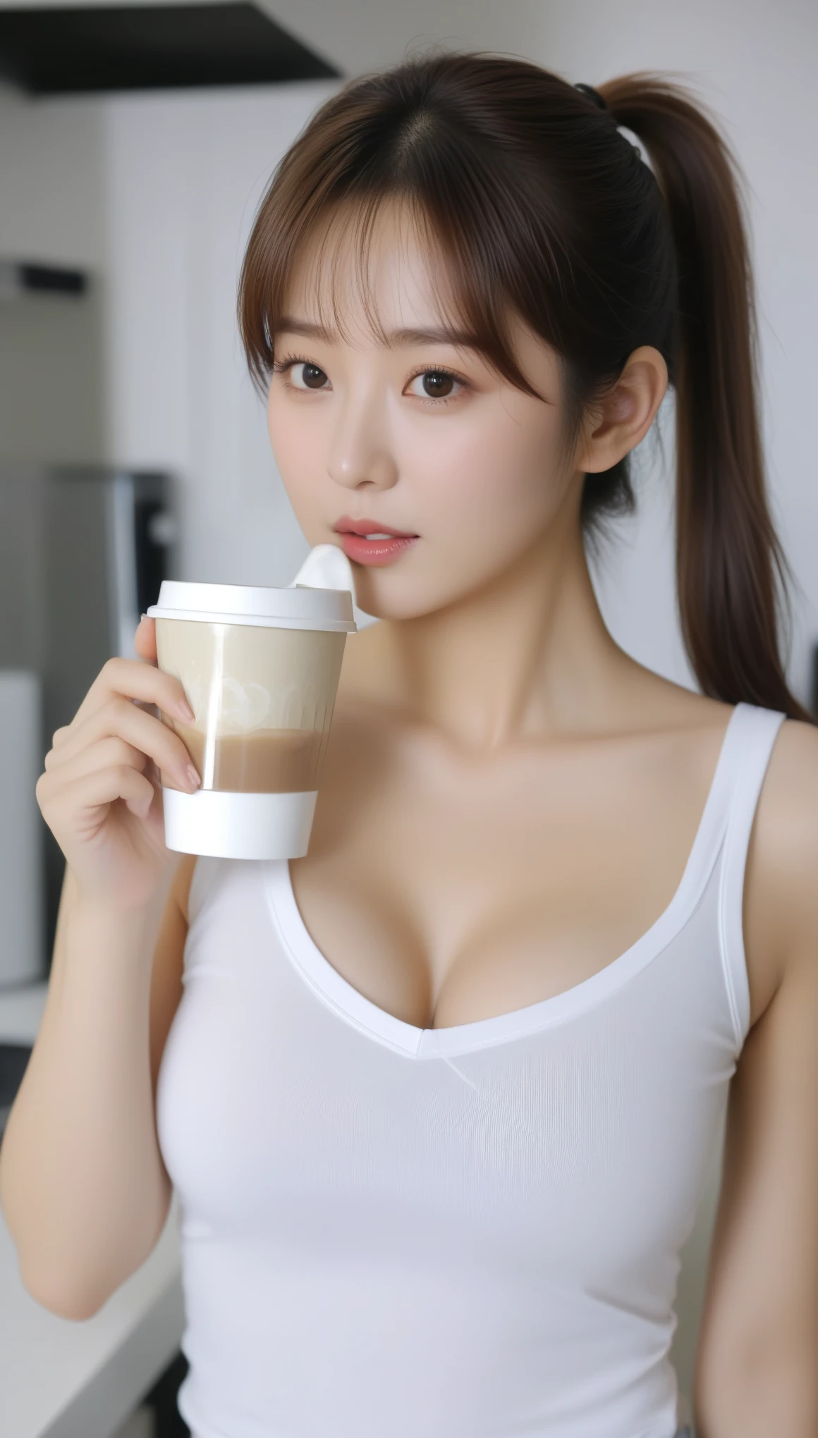 Extreme close-up, realistic photos of 1 cute Korean star, ponytail, white skin, 32 inch breasts size, wearing v-neck tank top, holding coffee mug, in the kitchen, cinematic scene, UHD