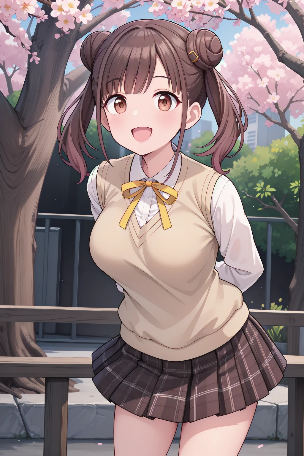 {{THE IDOLM@STER Shiny Colors}}, {{official style}},
aachiyoko, double bun, twintails,
best quality, ((highly detailed)), masterpiece, best quality, highres,
cowboy shot, seductive smile,
neck ribbon, yellow ribbon, collared shirt, sweater vest, blazer, black jacket, open clothes, long sleeves, plaid skirt, brown skirt, outdoor, cherry blossoms, smile, leaning forward, standing, cowboy shot, open mouth, arms behind back,