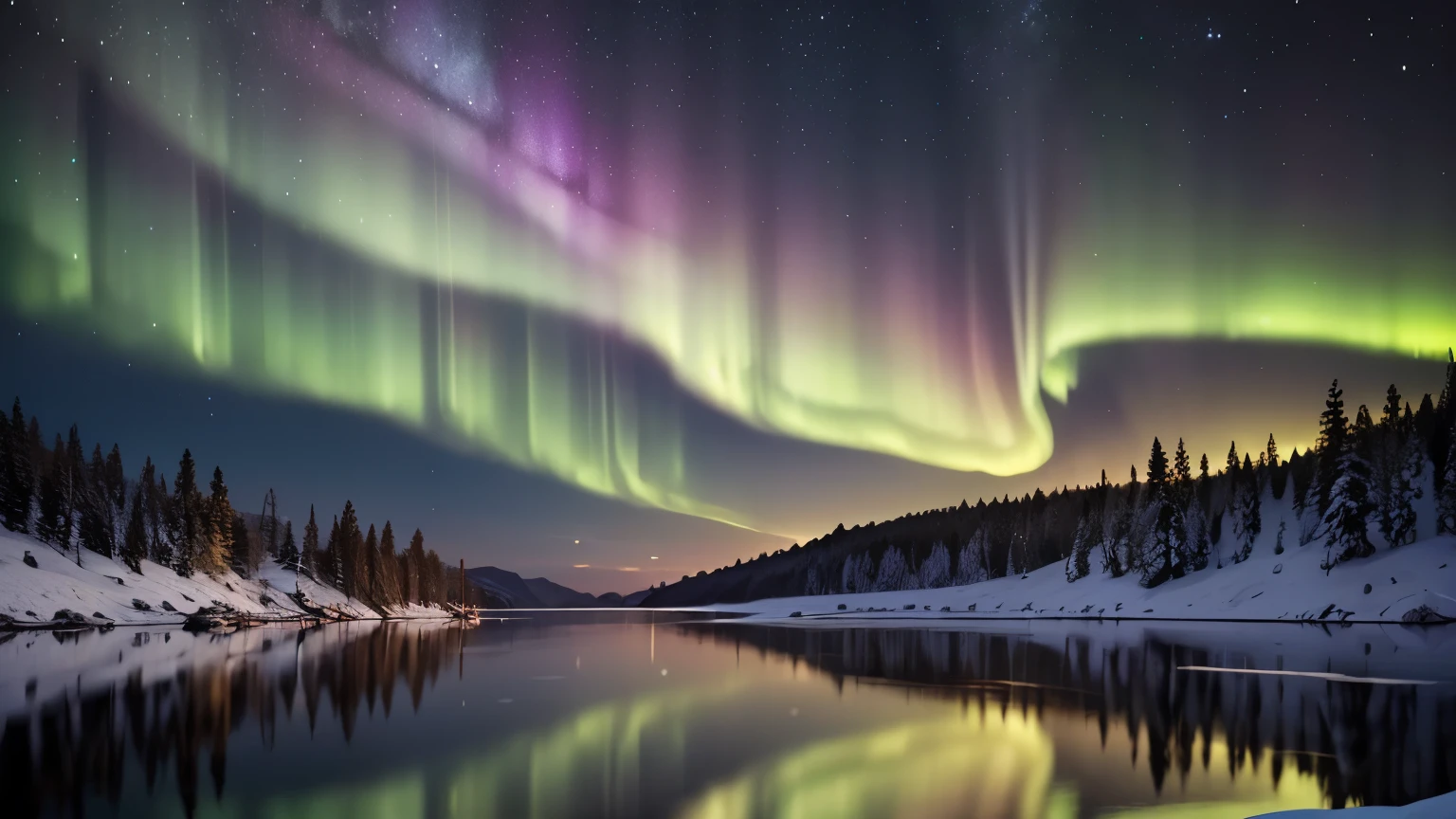 A breathtaking night sky lit up by the colorful aurora。Aurora color is green、purple、Flying in the sky in shades of blue、It casts a magical glow on the landscape.。The stars shine brightly in the clear, dark night sky。Below, a quiet snowy landscape spreads out.、Reflecting the colors of the aurora。The whole scene is quiet and solemn.、It exudes an otherworldly atmosphere。