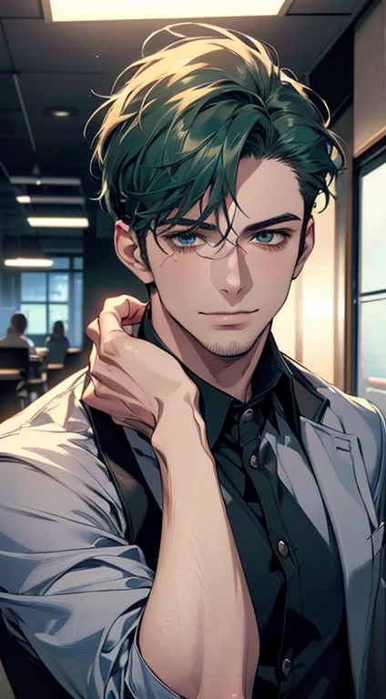 (best quality,4k,8k,highres,masterpiece:1.2),ultra-detailed,(realistic,photorealistic,photo-realistic:1.37),1 man,31 years old,mature man,very handsome,without expression,smile,short green hair,blue eyes,penetrating gaze,perfect face without errors,imposing posture,businessman,office background,cinematic lighting,hdr image