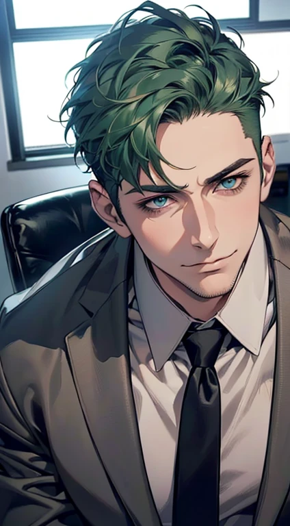 (best quality,4k,8k,highres,masterpiece:1.2),ultra-detailed,(realistic,photorealistic,photo-realistic:1.37),1 man,31 years old,mature man,very handsome,without expression,smile,short green hair,blue eyes,penetrating gaze,perfect face without errors,imposing posture,businessman,office background,cinematic lighting,hdr image