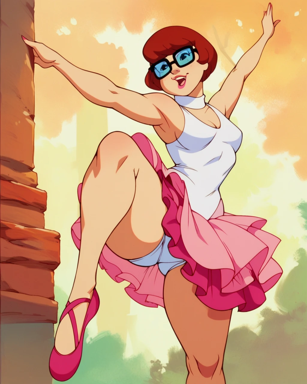 velmaXL, pink tutu dress, frilly tutu, posing, legs together, ballet slippers, thicc thighs, front view, solo, white panties, 2D cartoon, sleeveless top, glasses