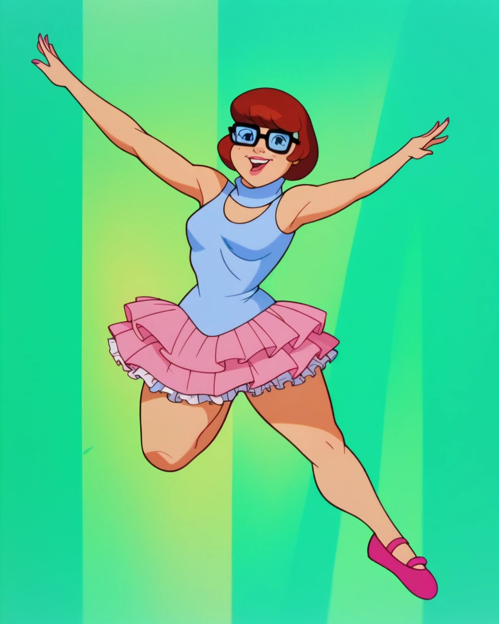 velmaXL, pink tutu dress, frilly tutu, posing, legs together, ballet slippers, thicc thighs, front view, solo, white panties, 2D cartoon, sleeveless top, glasses