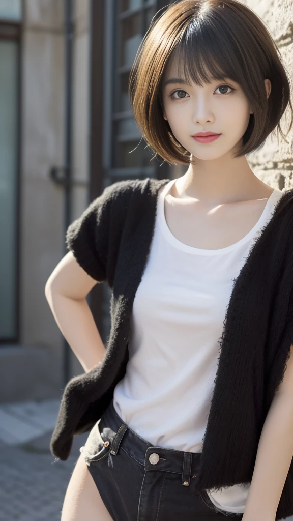 (Highest quality, Very detailed, masterpiece:1.2), 1 women, Very thin body, length, Thin legs, ((Black layered cut short hair:1.2)), ((Thick and fluffy bangs)), Very detailedな顔,A faint smile, small, Thin Nose, small thin mouth, Extremely sharply focused eyes, Japanese, Beautiful Face, Realistic eyes, Beautiful and beautiful eyes, Realistic Skin, Beautiful Skin, charm, (A vivid face), Beautiful Hairstyles,((Over Size short sleeveTシャツ),((脇を見せる,腕を上げる)),Creepy and unique hairstyles,下からのアングル, High resolution, Vibrant color palette, Mysterious and mysterious stone wall, Amazing place,Characteristic dark shadows and strange details, background