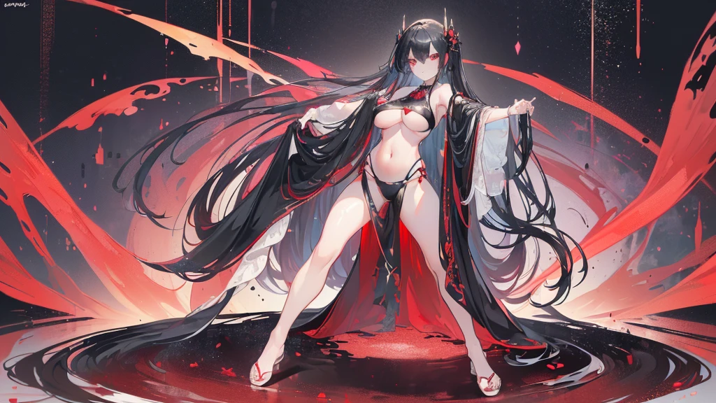 (Exquisite eyes),(Clear and beautiful eyes:1.61),masterpiece, ung girl,(Black clothes and some red gems), Black long hair, (She has a huge red gem on her chest), Good Hand,((The Havoc of StarCraft)),full-body shot,Fighting Stance,(Red Eyes:1.466),short and small,(Very big breasts:1.35),(Pretty Face),(full-body shot:1.33),Beautiful hands