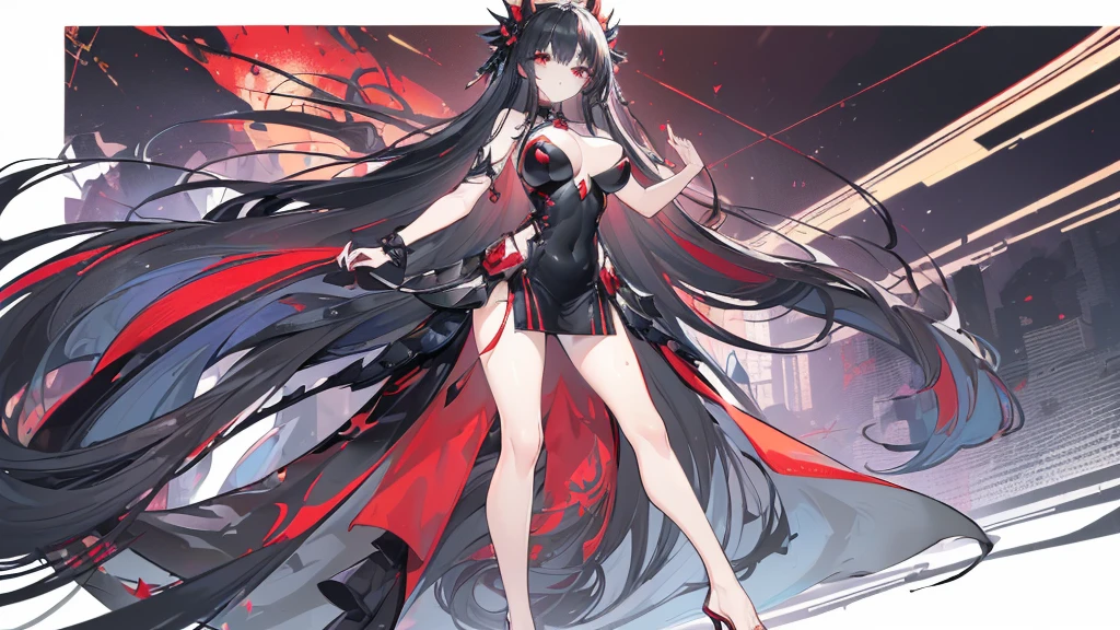 (Exquisite eyes),(Clear and beautiful eyes:1.61),masterpiece, 1 young girl,(Black clothes and some red gems), Black long hair, (She has a huge red gem on her chest), Good Hand,((The Havoc of StarCraft)),full-body shot,Fighting Stance,(Red Eyes:1.466)，short and small,(Very big breasts:1.35),(Pretty Face),(full-body shot:1.33),Beautiful hands