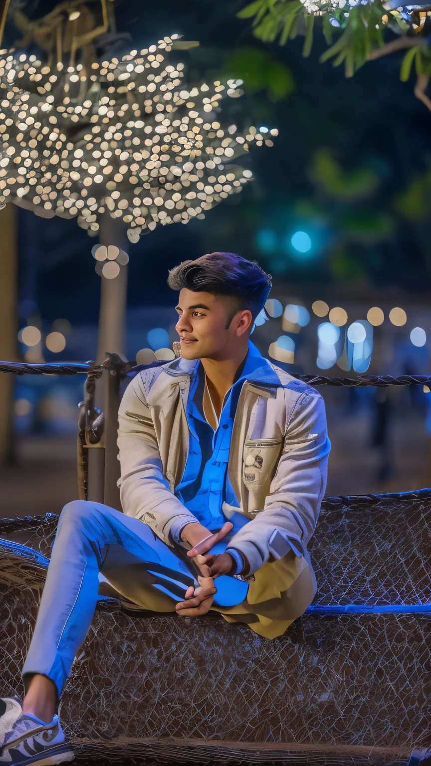 "A handsome young foreign man relaxing in a neon-lit park."