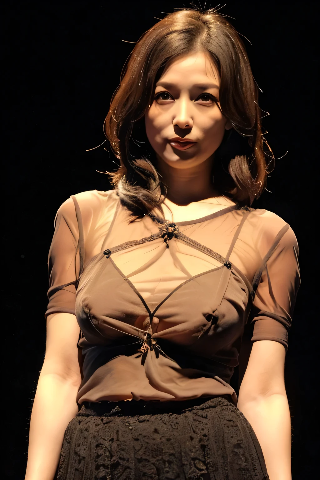 older sister.40 years old、Nipples pop out、（（Plain black background）Japanese、woman、（Glamour：1.2）、Light brown hair、no good，Surrealism、clair obscur、A little transparent、retina、Anatomically correct、Textured skin、Textured skin、Super detailed：Super detailedhigh quality、Attention to detail、Highest quality（（（Tabletop、Highest quality、High resolution、Attention to detail））））。Professional、High level of detail、Japanese、Full body photo（Attractive 45 year old woman：1.3）（Fascinating：1.1）（Large Breasts）Nipples 1.2（Pokies）1.3、See-through shirt、（Black leather mini skirt）、（mini skirt））、no good