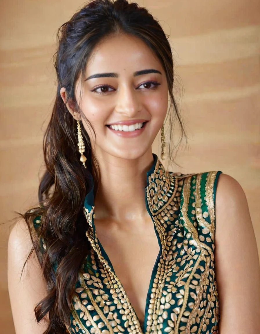 hires headshot photo of ananya pandey woman, studio quality, looking straight at viewer, detailed ethnic dress with high collar, laughing, background bokeh  