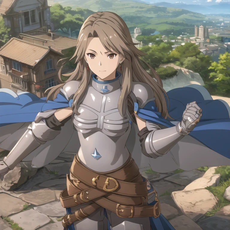 katalina (granblue fantasy), armor, gauntlets, belt, breastplate, shoulder armor, cape, pauldrons, pants, forest, city 