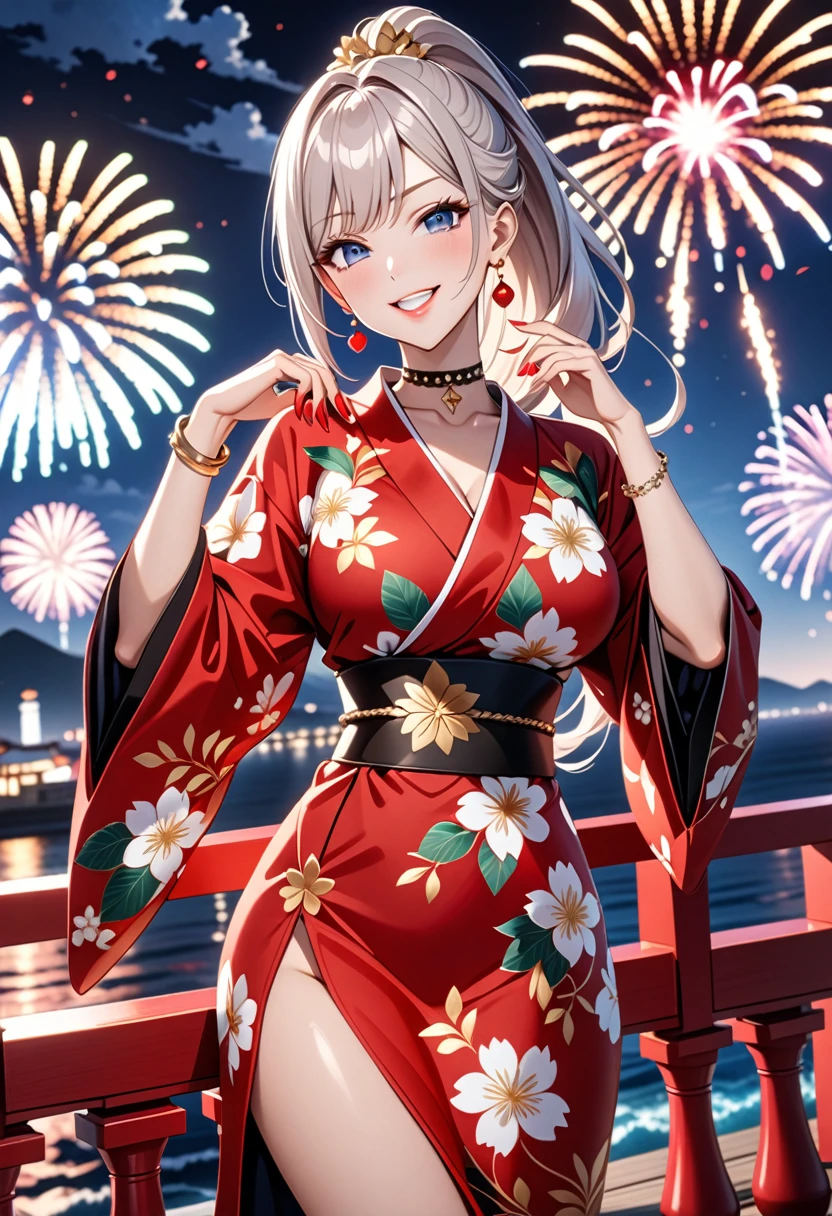 ((One personの女性)), Beautiful Face, (Laughing embarrassedly), (smirk:1.4), ((Wink:1.5)), (head tilt:1.3), Laugh with your mouth wide open, upper teeth, looking at viewer, (Doing sexy poses), ((Bright red cheeks:1.4)), Glossy Red Lips, night,Terrace with sea view, firework, Glossy pink lips, Shining Face, ((Anime style background)),masterpiece, Highest quality, so beautiful,up to date, Complex details, (long nails of red color), (nail art), (ring),(bracelet),(Floral choker), (helix piercing), AI-generated, Complex,High resolution, Highest quality, super high quality,3D Images、3D Images,One person,Long white hair,High Ponytail, Anime woman posing for a photo, (blue eyes:1.2), ((Fine grain、Light silvery white eyes、Shining Eyes:1.3)), (Squint your eyes:1.1),a hyperRealistic , hyperRealistic , Realistic,Anime woman with long white hair, Smooth anime CG art, (A woman in a colorful kimono with gold embroidery), ((Black long sleeve kimono)), Red floral pattern,Long flower hair ornament,Earrings,Mature Body,(Big Breasts:1.2),Tall,Abdominal muscles,Tight waist, (face focus:1.5), (dutch angle:1.3),
