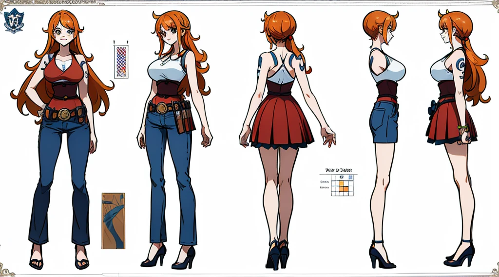 ((Best Quality)), ((Masterpiece)), (((detailed character sheet, frontal view, side view, three quarter view))) white background、one piece、US、whole body、whole bodyイラスト、whole bodyアニメーション、whole bodyリファレンスシート、denim、Tank top、High heels、Swimwear、比基尼、original、New World、Long Hair、Orange Hair、Tattoo on left arm、Ring belt、Heighten your head、smile、Cute face、Big Breasts、Narrow waist、Long legs、Beautiful feet、9 heads、slender、Slender、Slimming、Dress code、Stylish、formal、casual、Mr.々Clothes