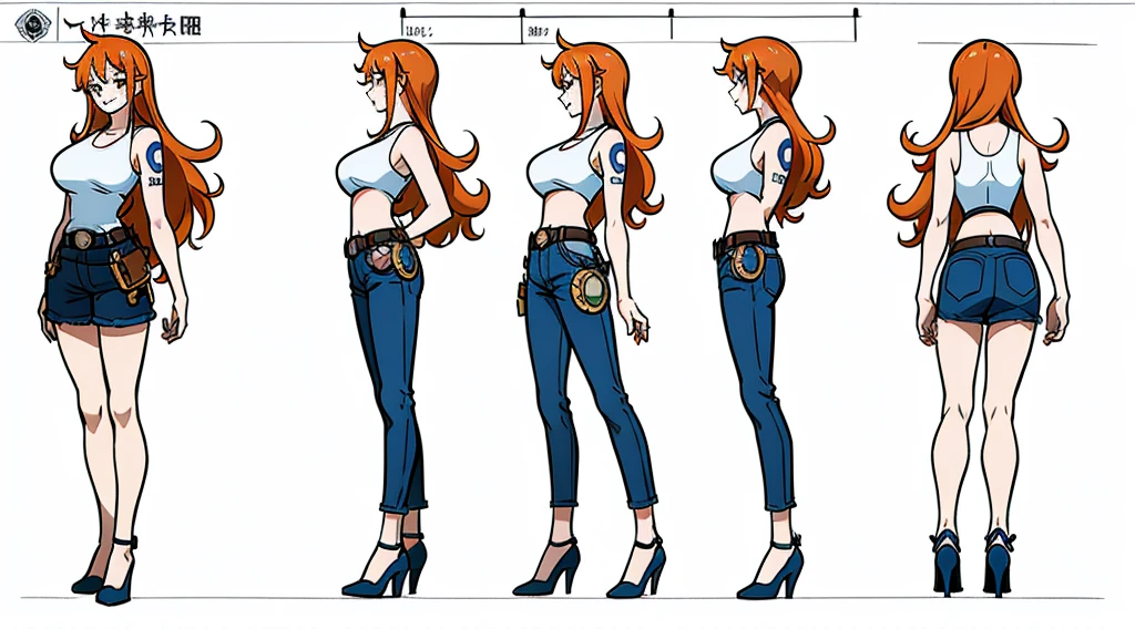 ((Best Quality)), ((Masterpiece)), (((detailed character sheet, frontal view, side view, three quarter view))) white background、one piece、US、whole body、whole bodyイラスト、whole bodyアニメーション、whole bodyリファレンスシート、denim、Tank top、High heels、Swimwear、比基尼、original、New World、Long Hair、Orange Hair、Tattoo on left arm、Ring belt、Heighten your head、smile、Cute face、Big Breasts、Narrow waist、Long legs、Beautiful feet、9 heads、slender、Slender、Slimming、Dress code、Stylish、formal、casual、Mr.々Clothes
